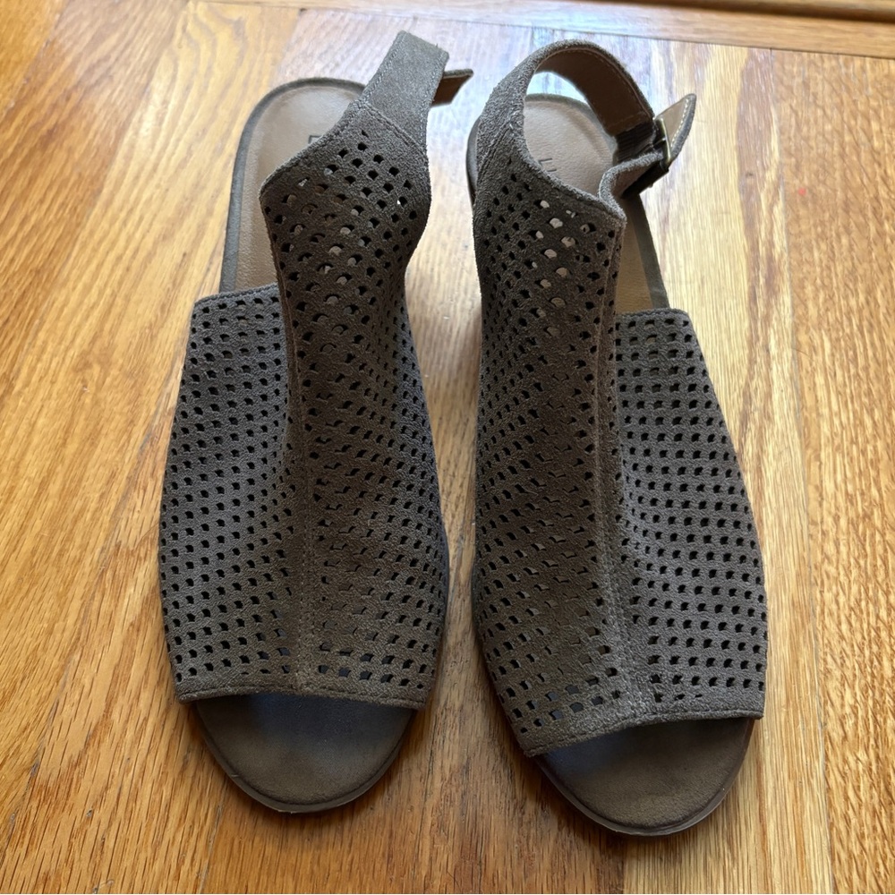 Taupe real suede perforated sandals/ peep toe bootie.Size 8. Excellent cond.